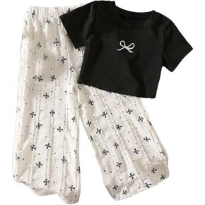 Girl's 2 Piece Cute Outfits Bow Graphic Short Sleeve T-shirts and Pants Clothing Set