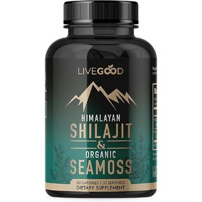 LiveGood ™ Himalayan Shilajit & Organic Sea Moss ، غني بحمض الفولفيك واليود ، نباتي وخالي من الجيلاتين ، 60 كبسولة