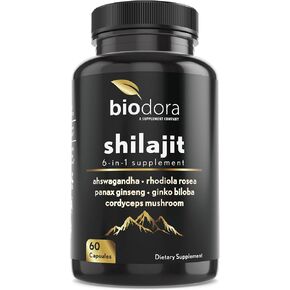 ملحق 6-in-1 Shilajit 300mg ، ملحق دعم المزاج والطاقة مع 60 ملغ من Ashwagandha النقي ، Rhodiola Rosea Panax Ginseng لدعم المناعة ، والذاكرة والتركيز ، 85+ المعادن النزرة ، 60 كبسولات