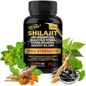 Shilajit Capsules for Men, 8 in 1, with Shilajit, Ashwagandha, Ginseng, Ginkgo, Rhodiola, Cordiceps, Natural Energy & Stamina Supplement for Men, 60 Capsules.