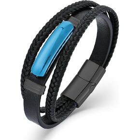 Mens Black Leather Braided Bracelets, Stainless Steel Bar Multi-Layered Bracelet with Turquoise for Jewelry Gifts