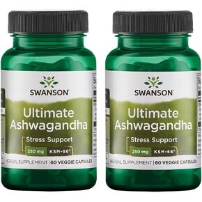 Swanson Ultimate Ashwagandha KSM-66 - Herbal Supplement Supporting Healthy Stress Levels & Relaxation - Natural Formula to Promote a Calm & Relaxed Mindset - (60 Veggie Capsules, 250mg Each) (2 Pack)
