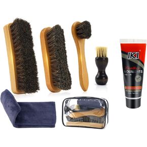 IKI Shoe Shine Kit - 7 PCS Leather Polish Kit for Men & Women-2.46 oz Black Shoe Polish with 4 Horsehair Brushes Microfiber Shoe Cloth
