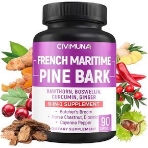 French Maritime Pine Bark Capsules with French Maritime Pine Bark, Hawthorn, Bosweillia and More - 90 Capsules for 3 Months Supply