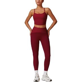 Gym sets for women 2 piece, women's sports set with removable chest pad top and ribbed waist leggings