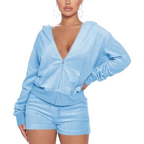 SMSN Women 2 Piece Outfits Sweatsuit Shorts Sets, Velvet Tracksuit Long Sleeve Hooded Zipper Jacket Casual Sweat Set