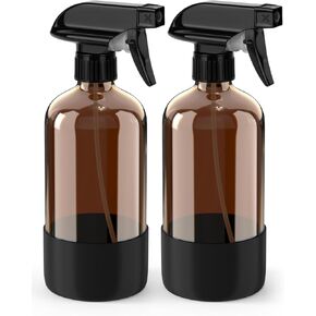 Glass Spray Bottle with Silicone Sleeve Protection, Amber Glass Spray Bottle Set for Non-toxic Window Cleaner Aromatherapy Facial Hydration Watering Flowers Hair Care 2 Pack/16 oz (Black & Brown)
