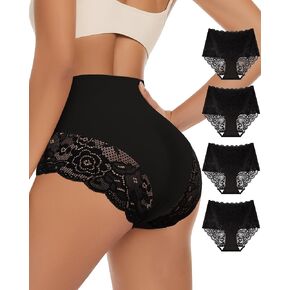 Women's High Waisted Underwear Ladies Lace Seamless Sexy Panties Breathable Soft Stretch 4 Pack Full Coverage