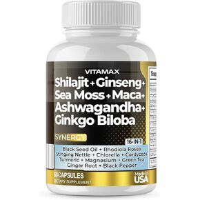 Pure Himalayan Shilajit Supplement, Ashwagandha, Sea Moss, Rhodiola Rosea, Gingko Biloba - Fulvic Acid & Trace Mineral Capsules for Men and Women – Made in USA