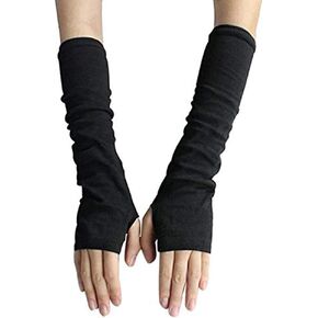 erioctry 1Pairs Women's Wool Knitted Long Fingerless Gloves Thin Arm Warmer Gloves Armsleeves Cuff Black