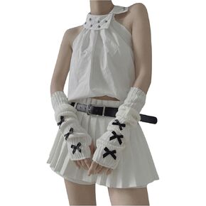 Verdusa Women's Knitted Fingerless Arm Warmers Bow Long Gloves with Thumb Hole