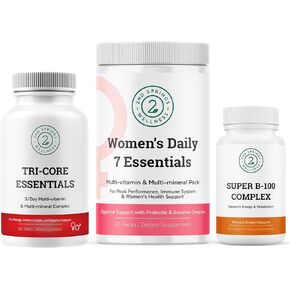 Super B-100 Complex + Women's Daily 7 Essentials + Tri-Core Essentials Multivitamin Multimineral Complex Bundle