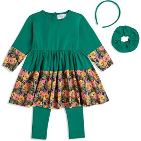 Complete Outfit 6Y - Organic Cotton Floral Dress, Matching Leggings & Hair Set - Sensory Friendly Girls Clothing