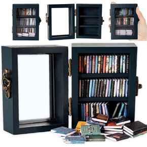 Anxiety Bookshelf Mini Book Micro Display Stand a Miniature Library Equipped with 65 Mini - Books is an Ideal Decorative Gift for Book Enthusiasts (Blue)