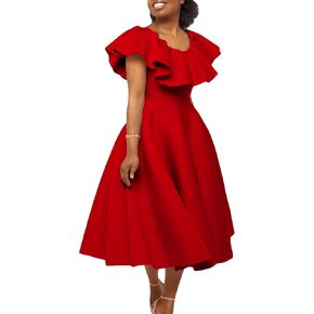 Women's Elegant Plus Size Flowy Dresses Short Sleeve Maxi Ruffle Summer Cocktail Dress