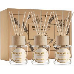 Binca Vidou Reed Diffuser Set, Lavender Osmanthus Orange & Lemon Natural Scent Oil Diffusers with Sticks for Home Office Bathroom Aromatherapy Decor 1.69oz x 3