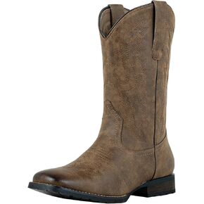 J's.o.l.e Cowboy Boots for Men Square Toe Work Boots Pull on Silp Resistant Wide Calf Leather Men's Western Boot Brown