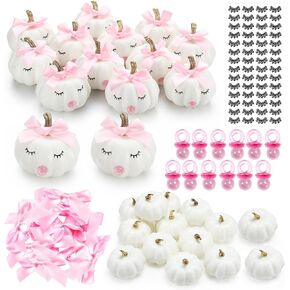 Nuanchu 12 Sets DIY Fall Pumpkin Painting Kit Pumpkin Baby Shower Favors 12 Foam Craft Pumpkins, 12 Pink Bows, 12 Pink Pacifiers, 28 Pairs of Eyelash Sticker for Thanksgiving Birthday Halloween Decor