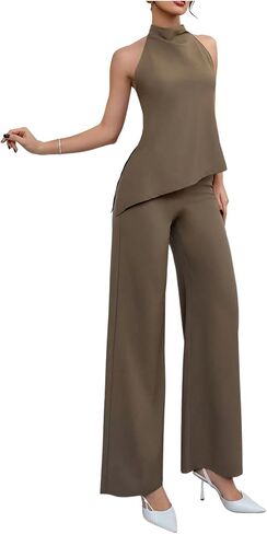 Milumia Women's Two Piece Outfits Sleeveless Asymmetrical Halter Top and Wide Leg Pants Work Business Set in Saudi Arabia