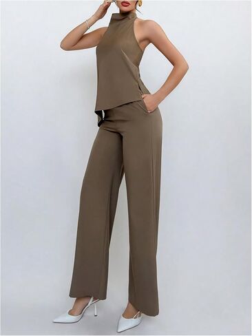 Milumia Women's Two Piece Outfits Sleeveless Asymmetrical Halter Top and Wide Leg Pants Work Business Set in Saudi Arabia