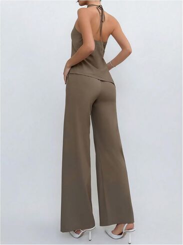 Milumia Women's Two Piece Outfits Sleeveless Asymmetrical Halter Top and Wide Leg Pants Work Business Set in Saudi Arabia