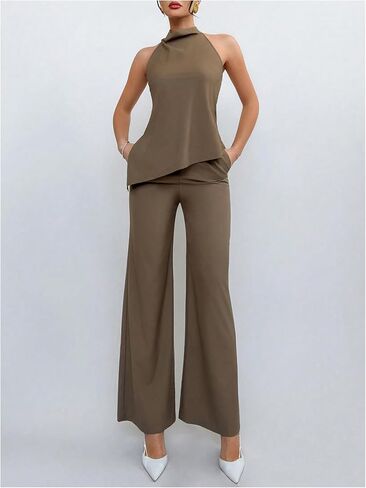 Milumia Women's Two Piece Outfits Sleeveless Asymmetrical Halter Top and Wide Leg Pants Work Business Set in Saudi Arabia