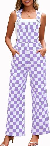 Overalls for Women Loose Fit Jumpsuits Fashion Checkered Straight Leg Pants Stretch Bib Coveralls in Saudi Arabia