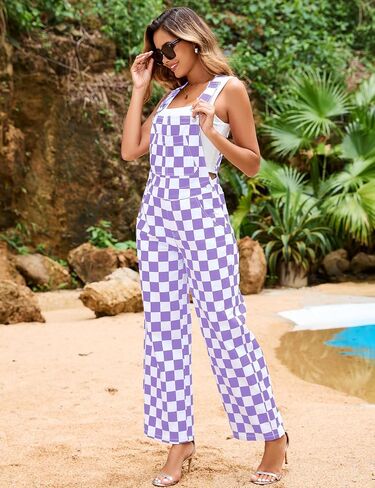Overalls for Women Loose Fit Jumpsuits Fashion Checkered Straight Leg Pants Stretch Bib Coveralls in Saudi Arabia