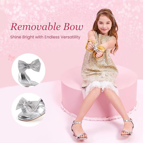 PATPAT Girls Low Heel Sandals with Removable Bow – Open Toe Dress Shoes for Flower Girl Wedding Party, Ankle Strap Princess Shoes for Little Big Kids, Sizes 11-6 in Saudi Arabia