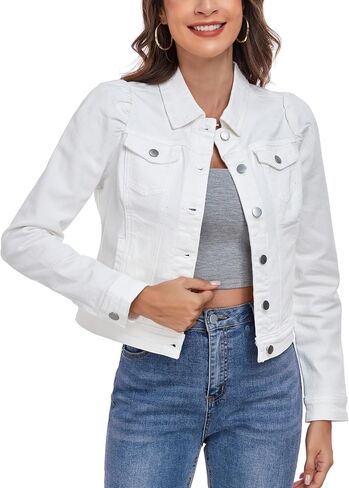 Anienaya Women's Jean Jacket Cropped Denim Jackets Stretchy Puff Long Sleeve Ripped with Pockets in Kuwait