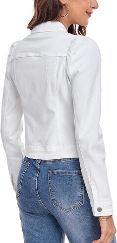 Anienaya Women's Jean Jacket Cropped Denim Jackets Stretchy Puff Long Sleeve Ripped with Pockets in Kuwait