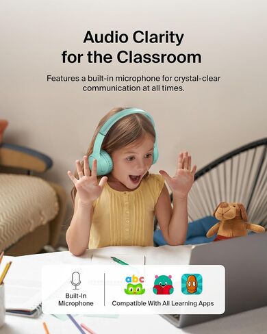 Belkin SoundForm Mini Kids Wireless Headphones with Built in Microphone, On Ear Headsets Girls and Boys for Online Learning, School, Travel Compatible with iPhones, iPads, Galaxy and More - Black in Saudi Arabia