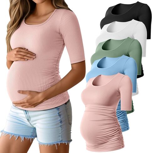 5 Pack Women's Cotton Ribbed Maternity Shirts Bulk, Half Sleeve Scoop Neck Multipack Side Ruched Pregnancy Tees in Saudi Arabia