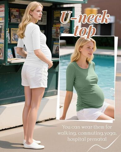 5 Pack Women's Cotton Ribbed Maternity Shirts Bulk, Half Sleeve Scoop Neck Multipack Side Ruched Pregnancy Tees in Saudi Arabia