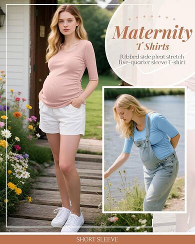 5 Pack Women's Cotton Ribbed Maternity Shirts Bulk, Half Sleeve Scoop Neck Multipack Side Ruched Pregnancy Tees in Saudi Arabia