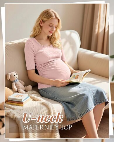 5 Pack Women's Cotton Ribbed Maternity Shirts Bulk, Half Sleeve Scoop Neck Multipack Side Ruched Pregnancy Tees in Saudi Arabia