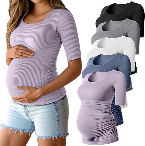 5 Pack Women's Cotton Ribbed Maternity Shirts Bulk, Half Sleeve Scoop Neck Multipack Side Ruched Pregnancy Tees in Saudi Arabia