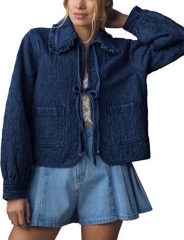 Kedera Womens Denim Jacket Casual Long Sleeve Peter Pan Collar Denim Shirts Tie Front Shacket Loose Fit Top in Saudi Arabia