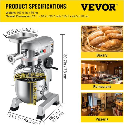 VEVOR Commercial Food Mixer, 7.3Qt Capacity, 450W Dual Rotating Dough Kneading Machine with Food-grade Stainless Steel Bowl, Security Shield & Timer Included, Baking Equipment for Restaurant Pizzeria in Saudi Arabia