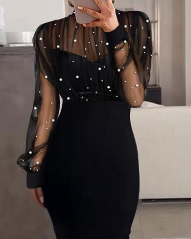 CHICME Women's Sexy Bodycon Midi Dress Mock Neck Long Sleeve Sheer Dresses Beaded Night Club Party Dresses in Saudi Arabia