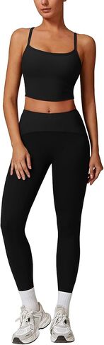 Gym sets for women 2 piece, women's sports set with removable chest pad top and ribbed waist leggings in Saudi Arabia