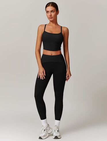 Gym sets for women 2 piece, women's sports set with removable chest pad top and ribbed waist leggings in Saudi Arabia