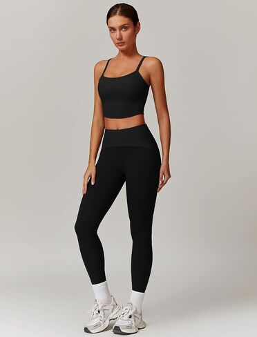 Gym sets for women 2 piece, women's sports set with removable chest pad top and ribbed waist leggings in Saudi Arabia