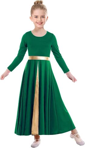 Girls Long Sleeve Praise Dance Dress Metallic Gold Liturgical Worship Costume Lyrical Costumes Church Robe in Kuwait
