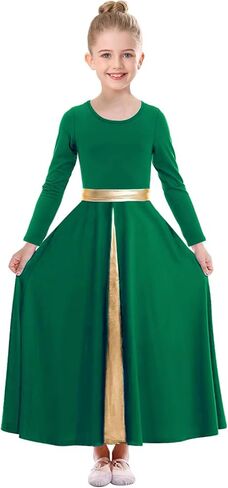 Girls Long Sleeve Praise Dance Dress Metallic Gold Liturgical Worship Costume Lyrical Costumes Church Robe in Kuwait
