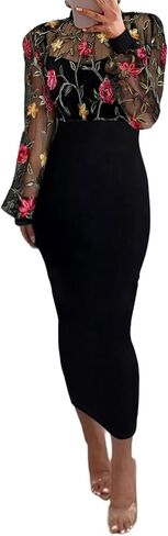 CHICME Women's Sexy Bodycon Midi Dress Mock Neck Long Sleeve Sheer Dresses Beaded Night Club Party Dresses in Saudi Arabia
