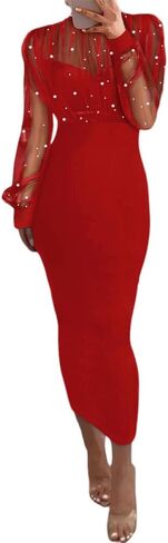 CHICME Women's Sexy Bodycon Midi Dress Mock Neck Long Sleeve Sheer Dresses Beaded Night Club Party Dresses in Saudi Arabia