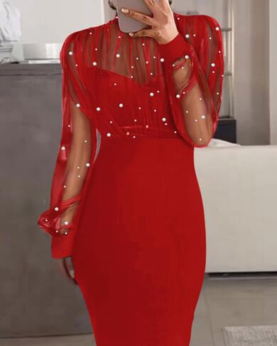 CHICME Women's Sexy Bodycon Midi Dress Mock Neck Long Sleeve Sheer Dresses Beaded Night Club Party Dresses in Saudi Arabia