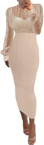 CHICME Women's Sexy Bodycon Midi Dress Mock Neck Long Sleeve Sheer Dresses Beaded Night Club Party Dresses in Kuwait