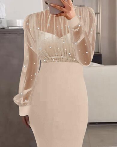 CHICME Women's Sexy Bodycon Midi Dress Mock Neck Long Sleeve Sheer Dresses Beaded Night Club Party Dresses in Kuwait